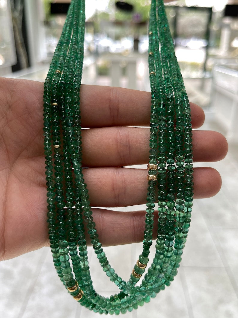 294+ Carat 14K Medium Green Round Emerald Rondelle Five Strand Bead Necklace - JR Colombian Emeralds