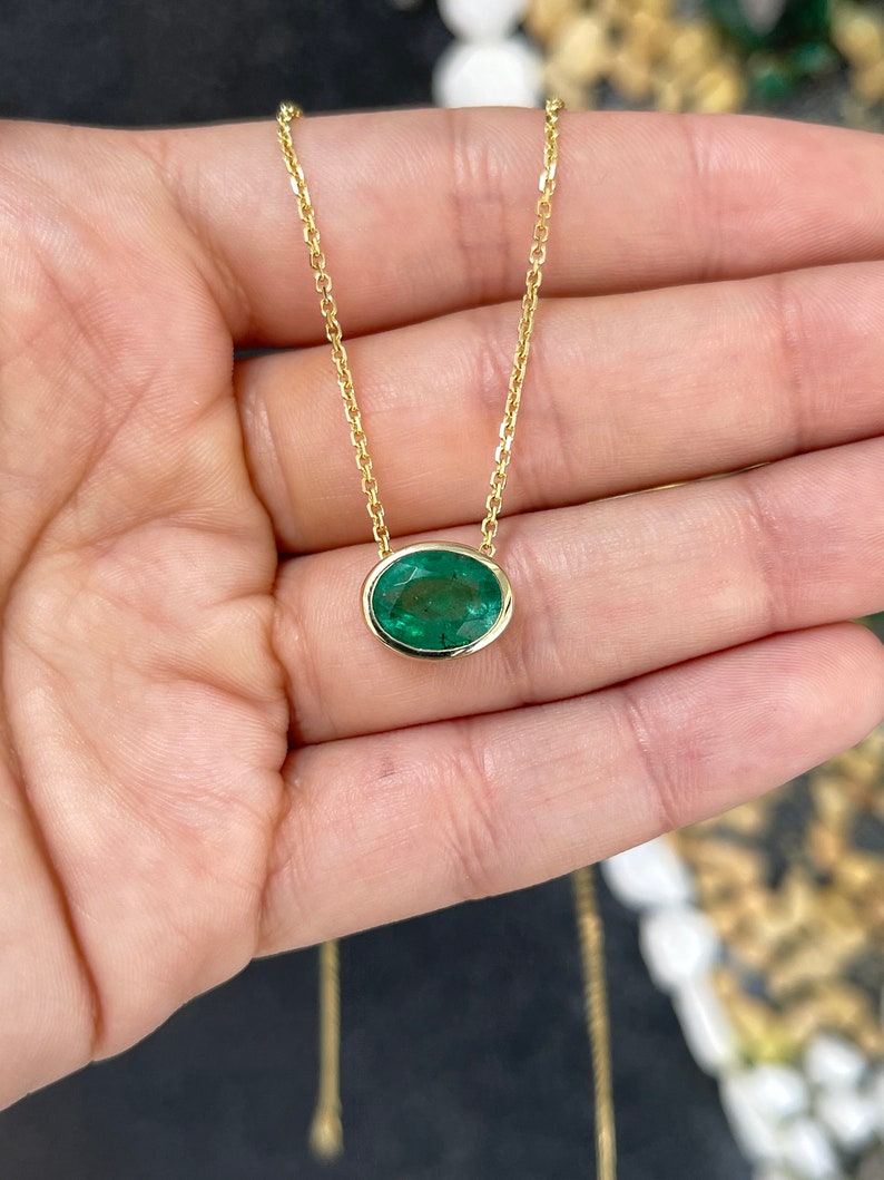 3.60ct 14K E-W or N-S Natural Oval Multi-Functional Emerald Solitaire Bezel Slider Necklace - JR Colombian Emeralds