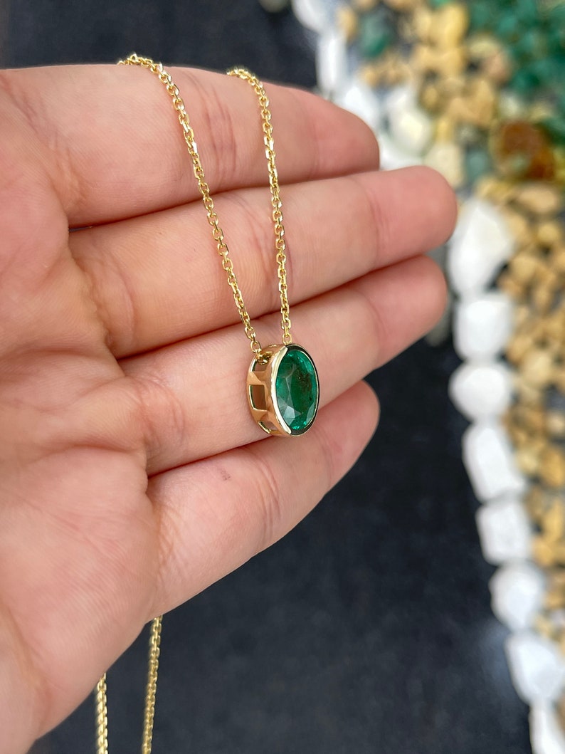 3.60ct 14K E-W or N-S Natural Oval Multi-Functional Emerald Solitaire Bezel Slider Necklace