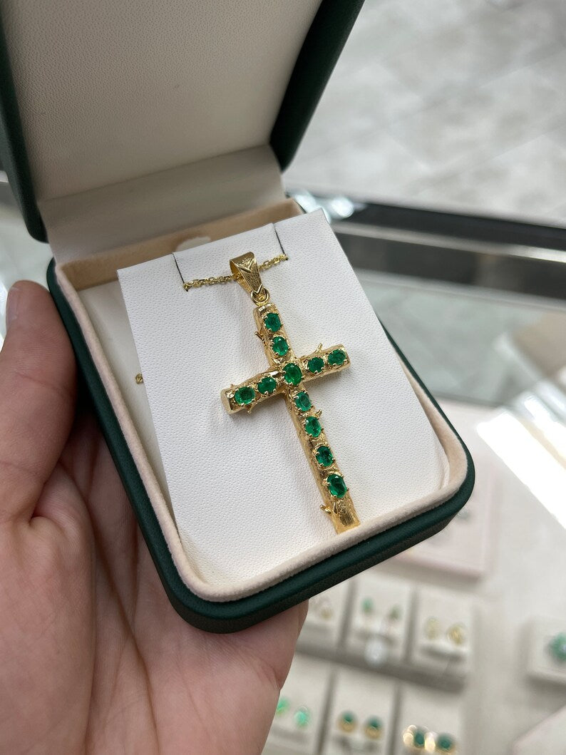 1.75tcw 18K Pre-Colombian Styled Emerald Gold 750 Religiou Cross Necklaces - JR Colombian Emeralds