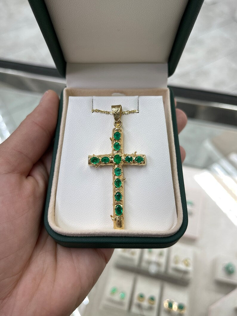 1.75tcw 18K Pre-Colombian Styled Emerald Gold 750 Religiou Cross Necklaces - JR Colombian Emeralds