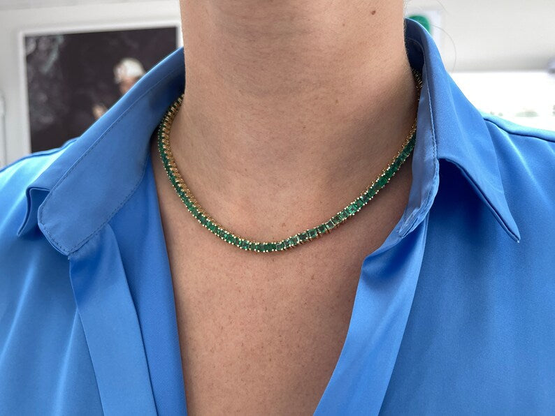 20tcw 14K 17-inches Princess Cut Emerald Tennis Necklace - JR Colombian Emeralds