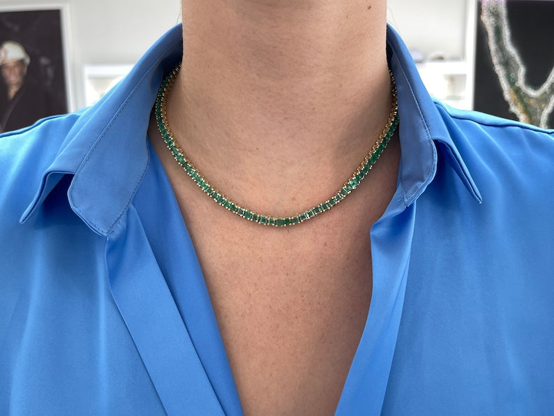 20tcw 14K 17-inches Princess Cut Emerald Tennis Necklace - JR Colombian Emeralds