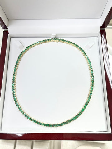 14K Gold 20 Total Carat Weight Princess Cut Emerald Tennis Necklace Measuring 17 Inches