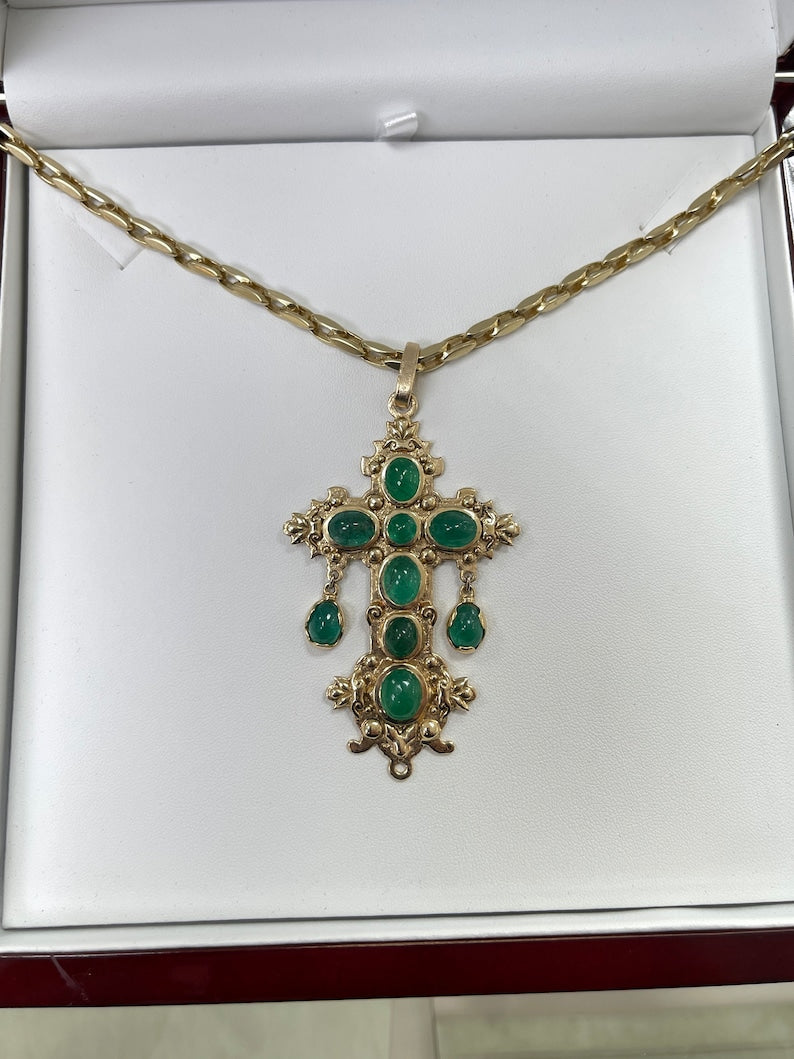 22.19tcw 14K Atocha Replica Natural Nuestra Señora De Emerald Cabochon Gold Cross Pendant - JR Colombian Emeralds