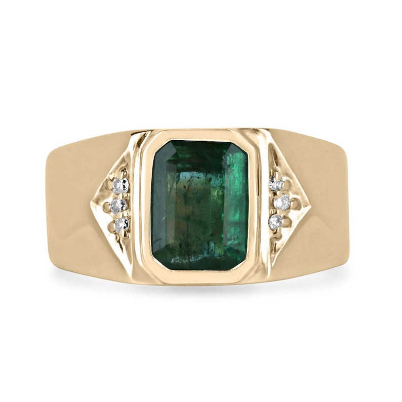 2.73tcw 14K Gold Dark Green Natual Emerald Cut & Diamond Accent Men's Ring