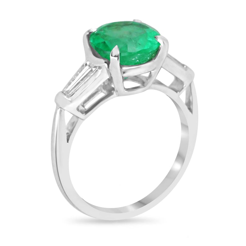 3.12tcw 14K Round Emerald & Tapered Baguette White Gold Ring