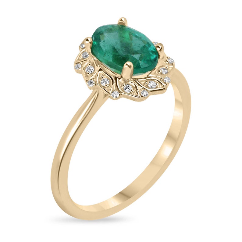 1.65tcw 14K Gold Natural Oval Cut Emerald & Diamond Engagement Ring