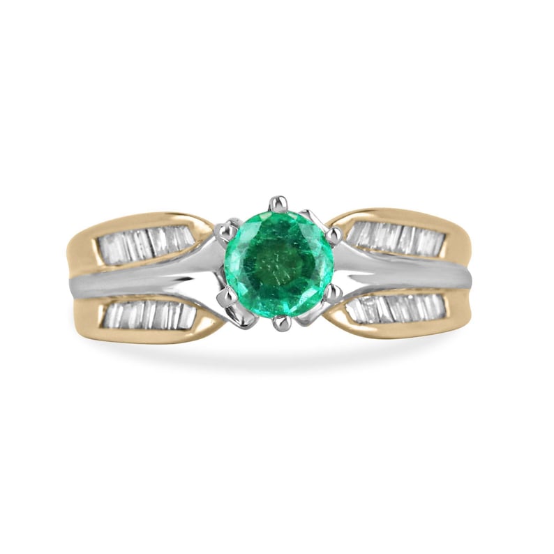 Vivid Elegance: 0.85tcw Two-Toned Gold Round Cut Emerald & Tapered Baguette Diamond Engagement Ring in 14K Gold