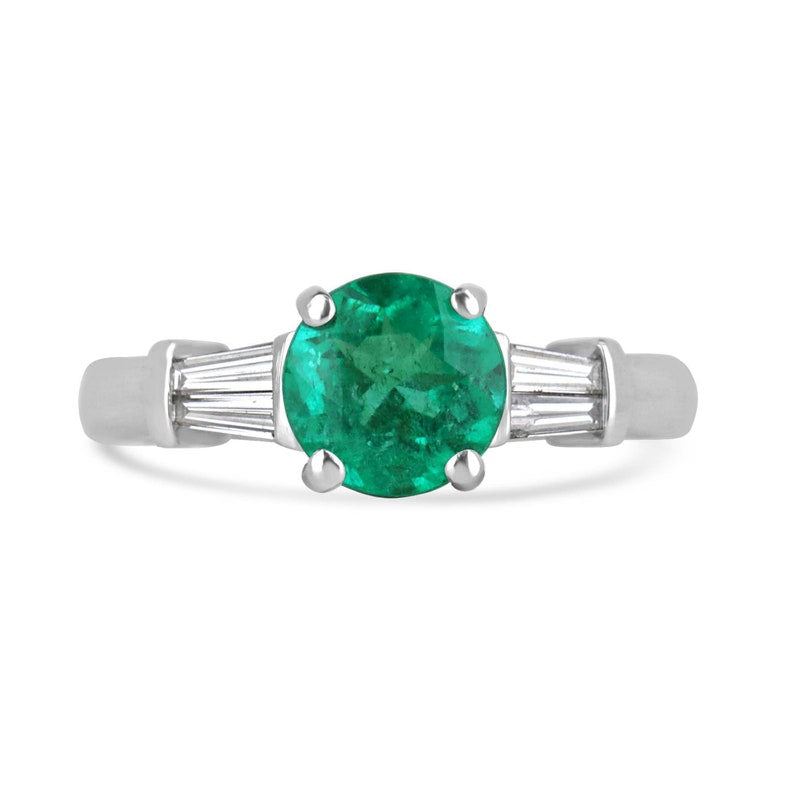 Engagement Ring Featuring 2.18 Carats of Vivid Medium Green Emerald with Round Cut and Diamond Baguette Accents in Platinum Setting
