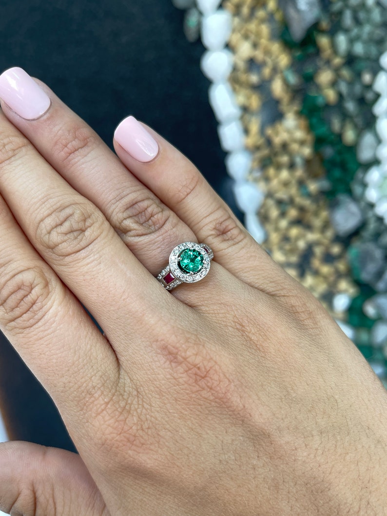 1.34tcw 14K White Gold Natural Round Cut Emerald Ruby & Diamond Cluster Statement Ring