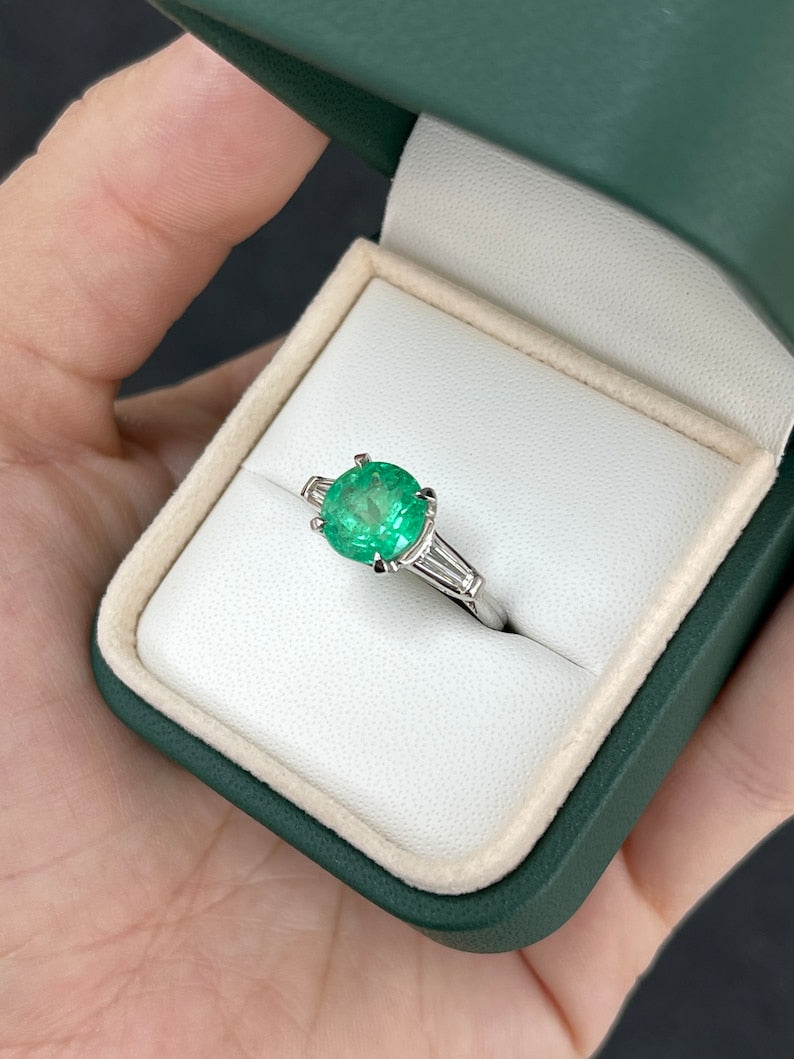 3.12tcw 14K Round Emerald & Tapered Baguette Diamond Three Stone White Gold Ring - JR Colombian Emeralds