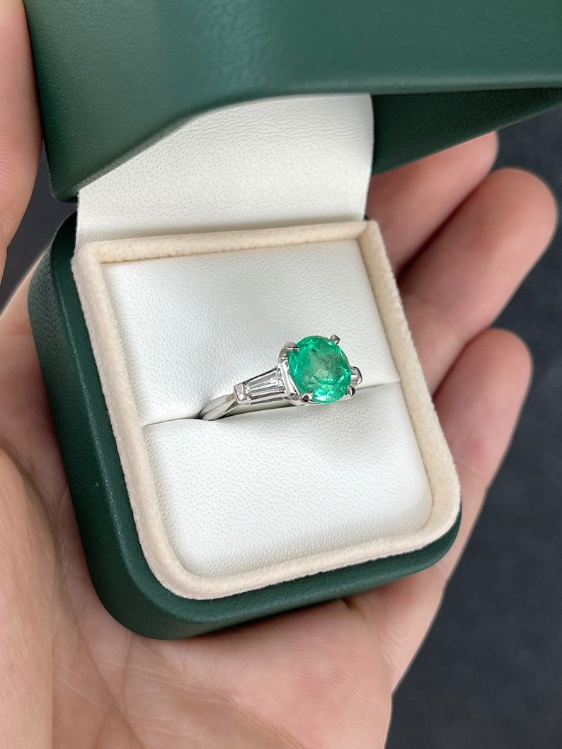 3.12tcw 14K Round Emerald & Tapered Baguette Diamond Three Stone White Gold Ring - JR Colombian Emeralds