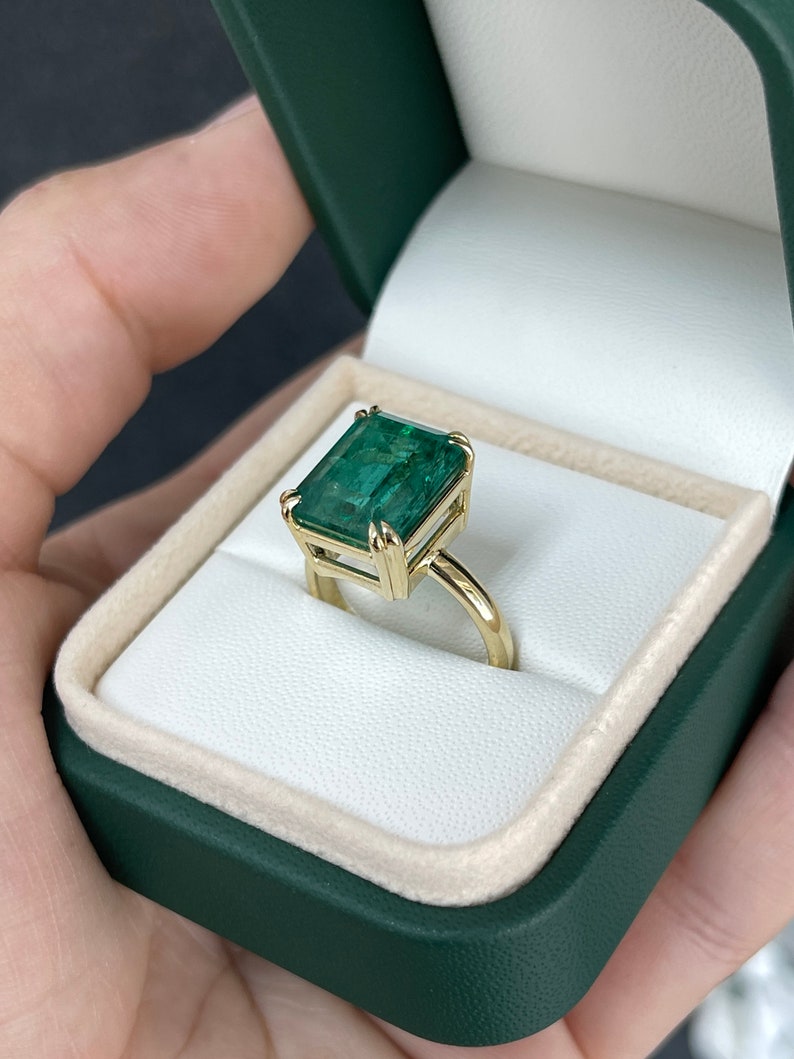 7.90ct 18K Large Emerald Cut Double Claw Prong Solitaire Right Hand Ring - JR Colombian Emeralds