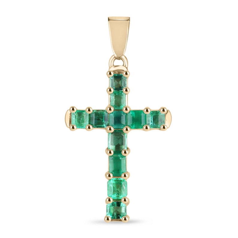 14K Gold Cross Pendant with 5.0 Total Carat Weight of Medium Dark Green Emerald-Cut Asscher Stones