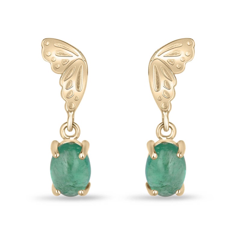 Elegant 14K Gold Earrings with 2.05 Total Carat Weight Green Oval Cabochon Emeralds and Half Butterfly Design