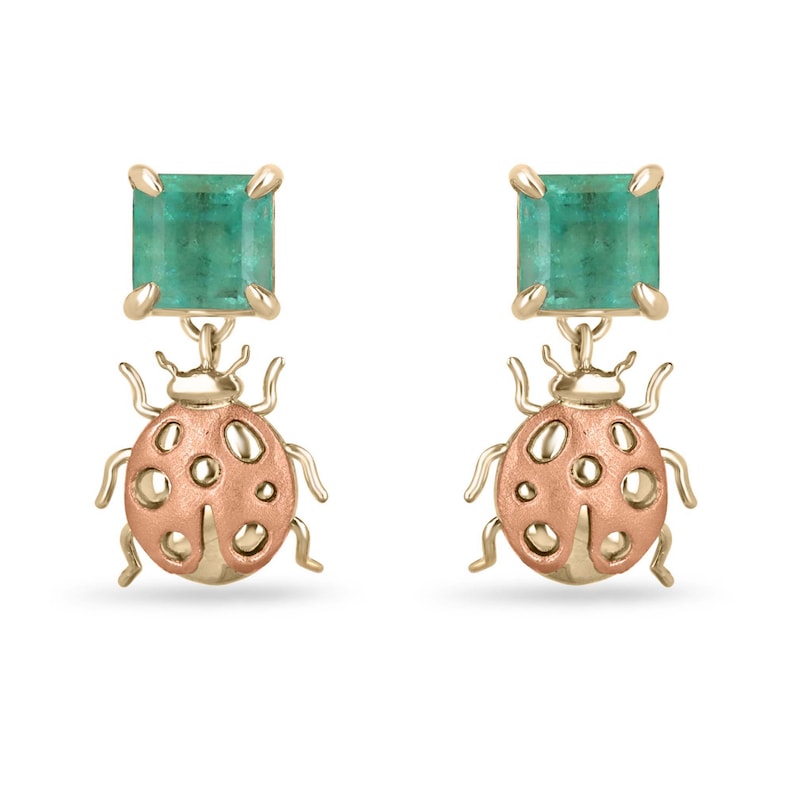 Emerald Asscher Cut Earrings with Lady Bug Dangle in 14K Rose Gold