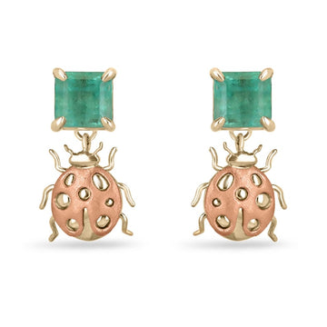 Emerald Asscher Cut Earrings with Lady Bug Dangle in 14K Rose Gold