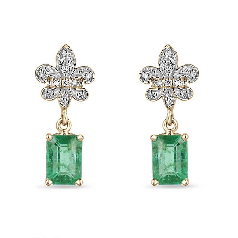 Elegant 14K Gold Dangle Earrings with 2.55 Total Carat Weight Natural Medium Yellow-Green Emeralds and Diamonds