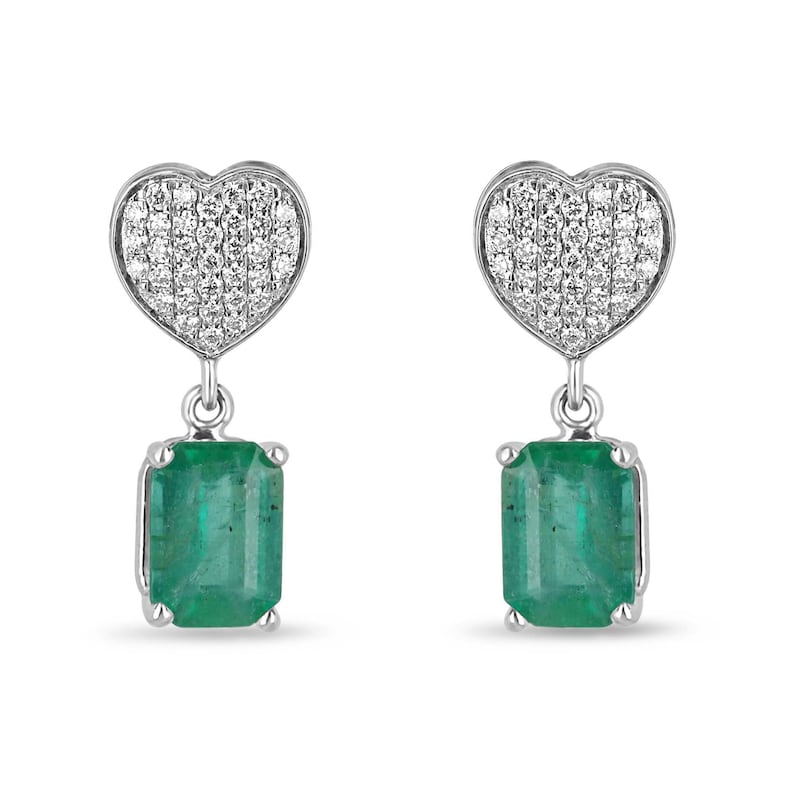 14K Heart-Shaped Dangle Earrings with 3.20tcw Natural Emeralds and Diamonds in Lush Green Hue