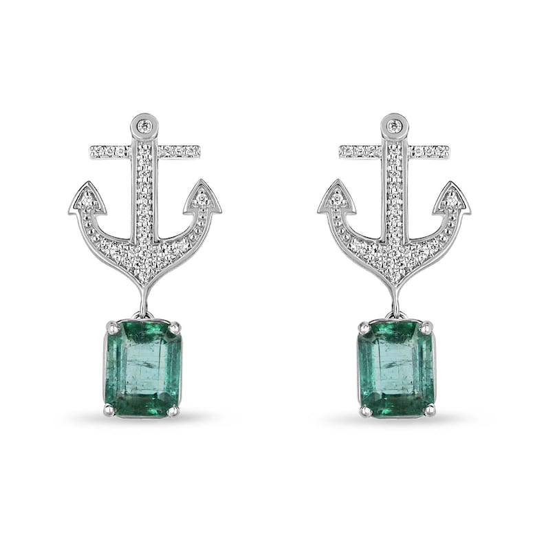 14K Gold Earrings with 3.50 Total Carat Weight Natural Emeralds and Sparkling Diamonds
