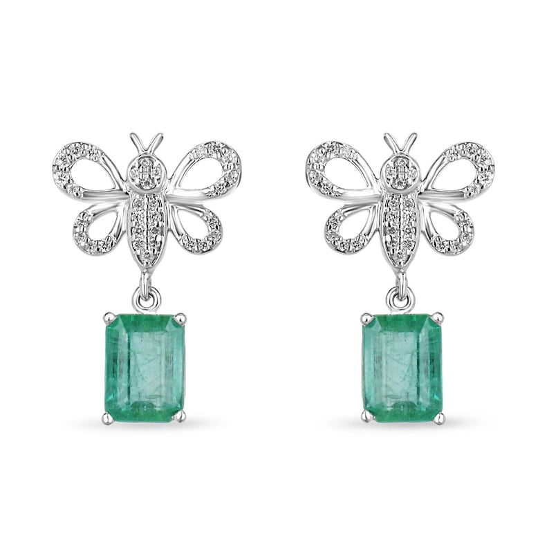 14K Gold Butterfly Earrings with 4.10 Total Carat Weight of Lush Green Emeralds and Pave Diamonds