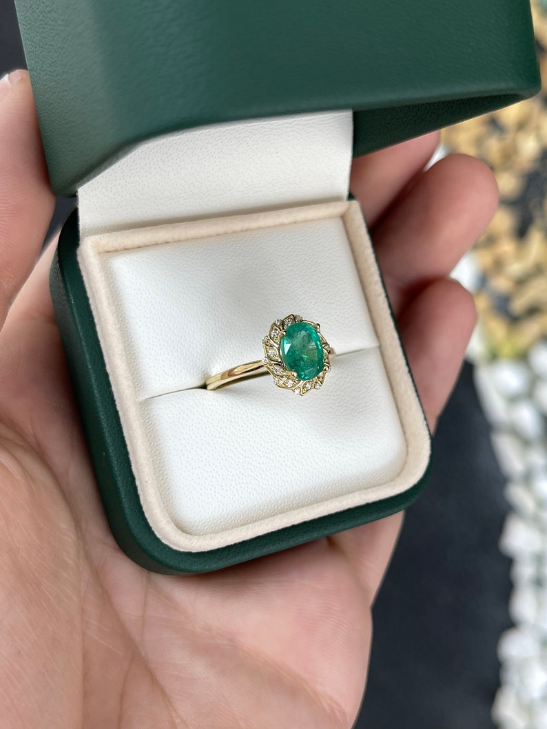 1.65tcw 14K Gold Natural Oval Cut Emerald & Diamond Floral Inspired Halo Engagement Ring