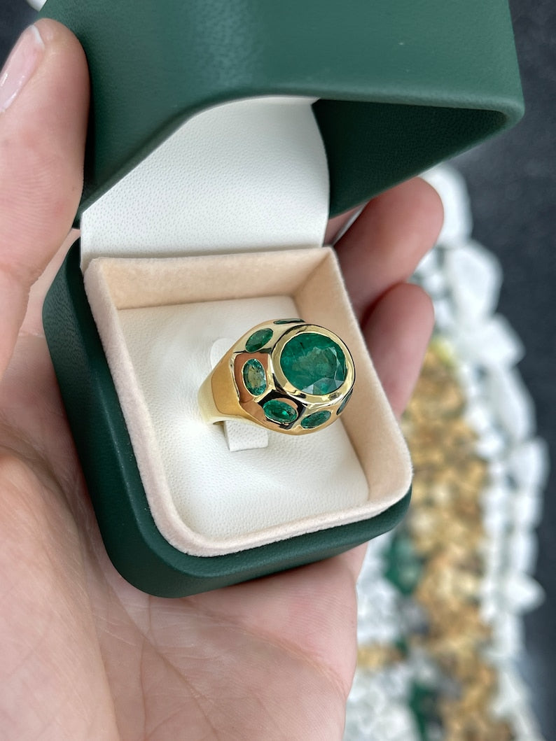 8.50tcw 18K Gold Oval Cut Natural Multi-Emerald Statement 9 Stone Ring