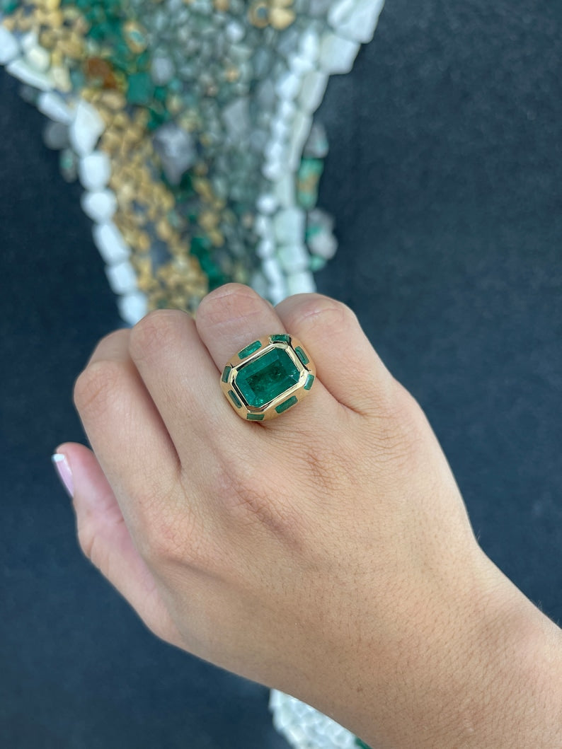 8.98tcw 18K Natural Multi-Emerald Rich Green Statement 9 Stone Chunky Gold Ring - JR Colombian Emeralds