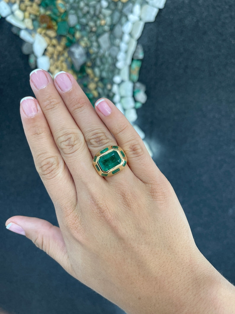 8.98tcw 18K Natural Multi-Emerald Rich Green Statement 9 Stone Chunky Gold Ring - JR Colombian Emeralds