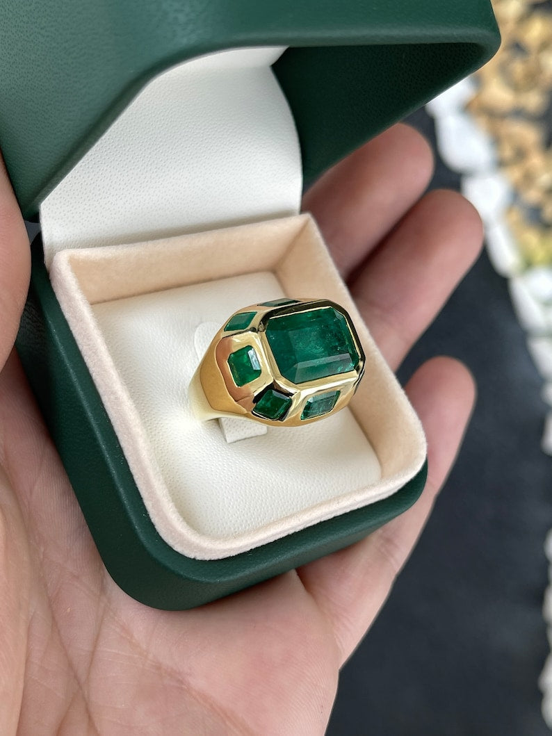 8.98tcw 18K Natural Multi-Emerald Rich Green Statement 9 Stone Chunky Gold Ring - JR Colombian Emeralds