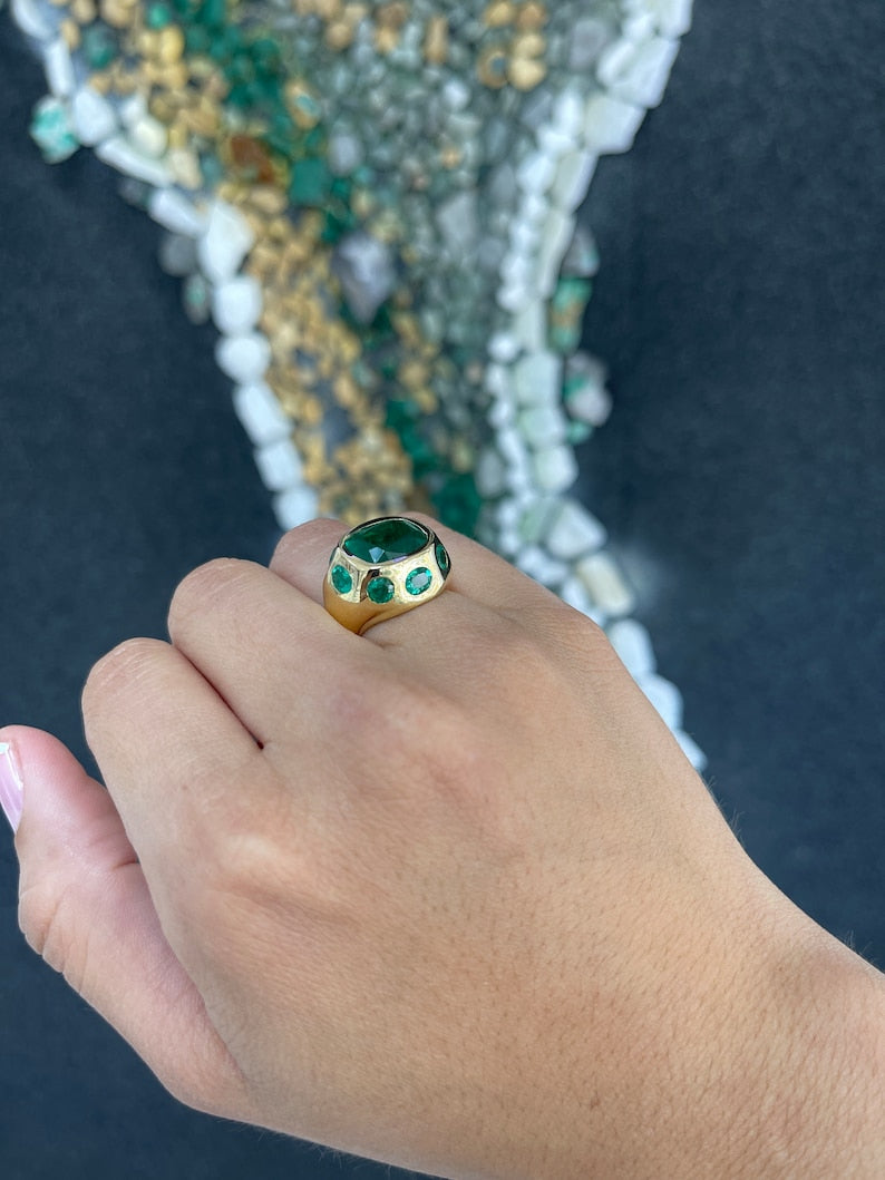 11.61tcw 18K Gold Cushion Oval Cut Natural Multi-Emerald Gypsy Statement 9 Stone Ring - JR Colombian Emeralds