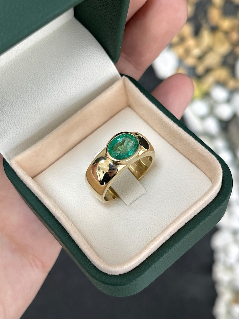 1.80ct 14K 585 Gold 8mm Natural Medium Green Oval Cut Unisex Solitaire Emerald Men's Ring