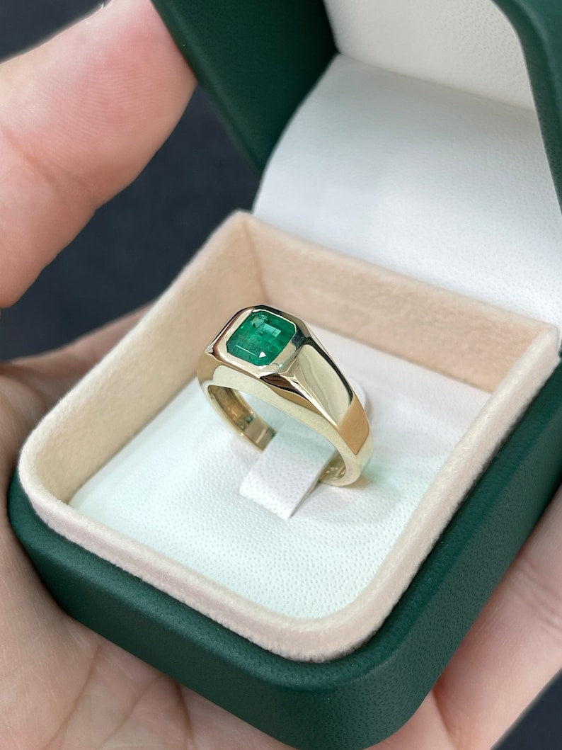 1.17ct 14K Deep Alpine Green Asscher Cut Unisex Emerald Solitaire Men's Ring - JR Colombian Emeralds