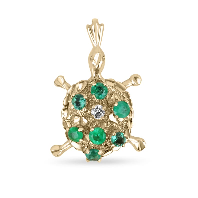 Sea Turtle Pendant Necklace with 0.64 Total Carat Weight Emerald and Diamond Accents in 14K Gold