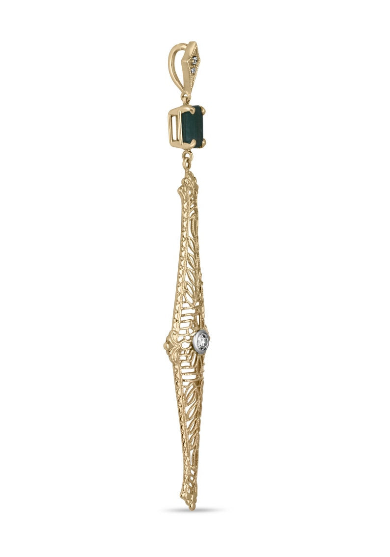 Vintage Pendant Necklace with 1.48 Carat Natural Green Emerald and Diamond Accents in 14K Gold