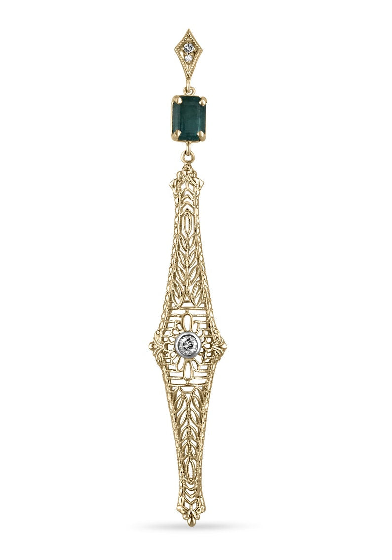 Edwardian-Inspired Necklace Featuring a 1.48 Carat Natural Green Emerald and Diamond Accents in 14K Gold