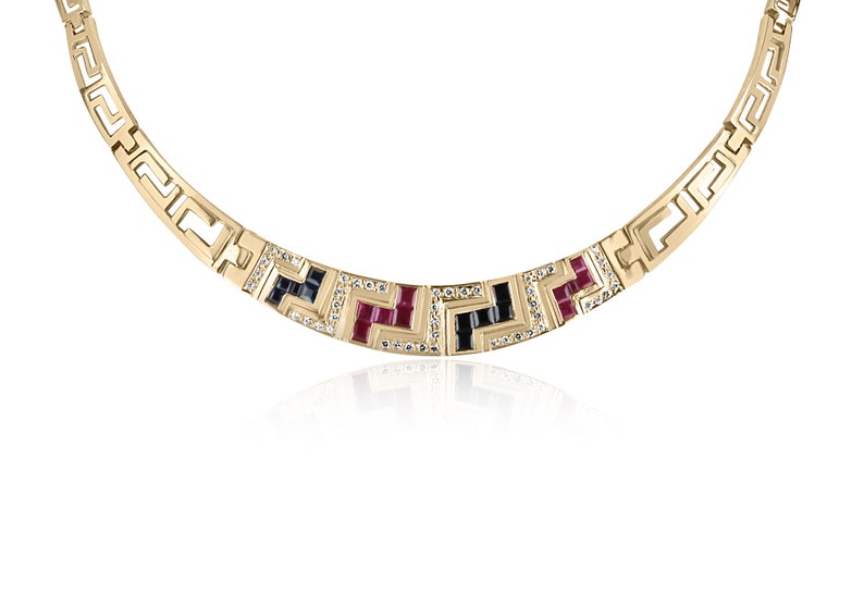 18K Gold Choker Necklace with 3.70tcw Natural Sapphire, Ruby, and Diamond Collar