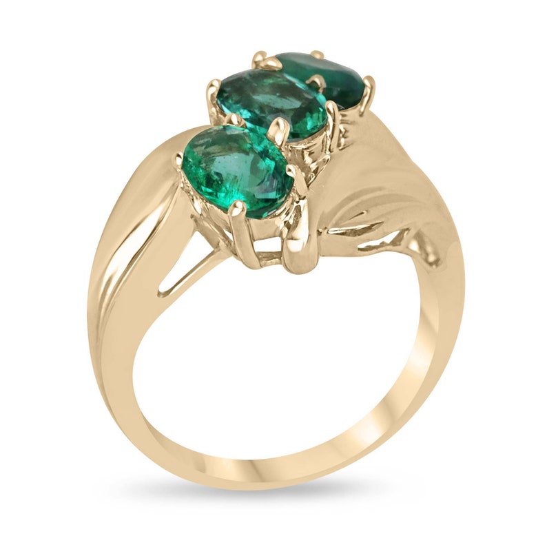 Vintage Gold Statement Ring Featuring 1.68 Carat Oval Cut Natural Emerald in Medium Dark Green