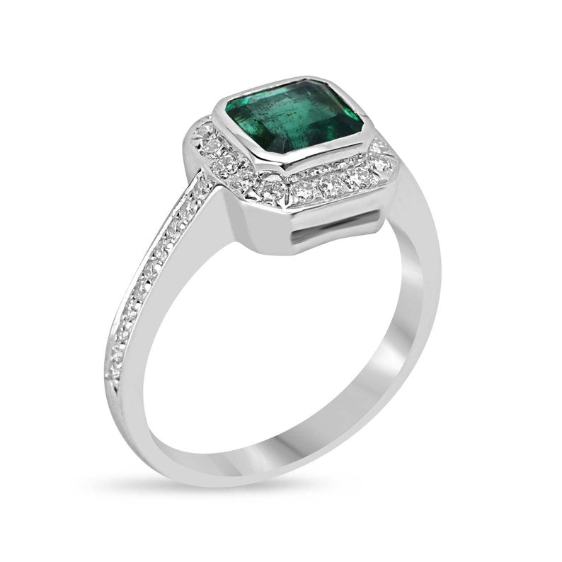 White Gold 750 Right Hand Engagement Ring Featuring a 1.45 Total Carat Weight Deep Green Emerald and Diamond Halo