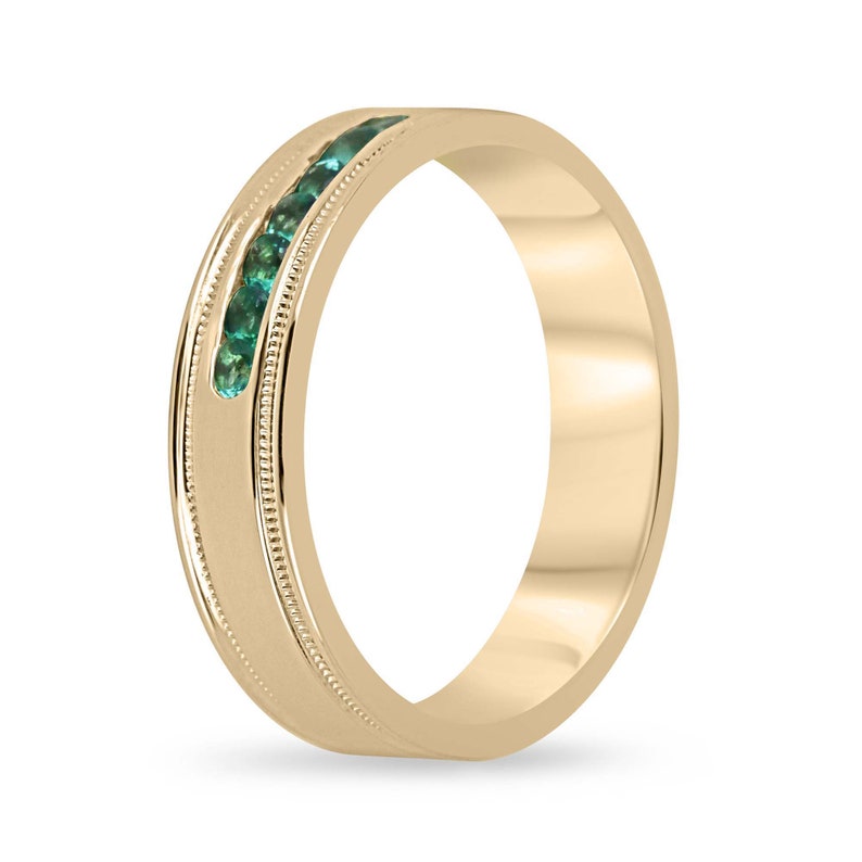 Round Cut Mens Emerald Gold Ring - 14K 585 Unisex Jewelry with 0.40tcw