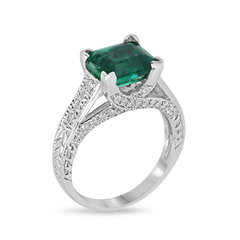Elegant 14K White Gold Engagement Ring featuring 2.89tcw Emerald Cut Alpine Green Emerald & Diamond Highlights