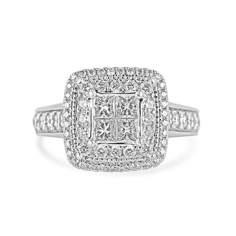 1.17 Carat Total Weight 14K White Gold Engagement Ring with Natural Princess Cut and Brilliant Round Cluster Diamonds