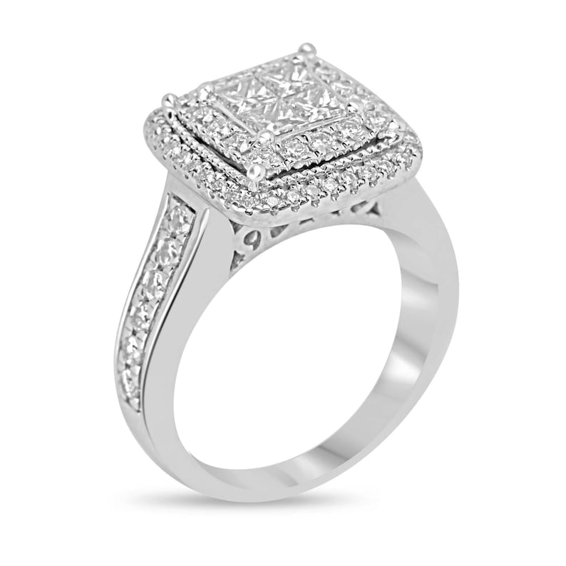 Elegant 14K White Gold Engagement Ring Featuring a Cluster of Natural Princess Cut and Brilliant Round Diamonds (1.17tcw)