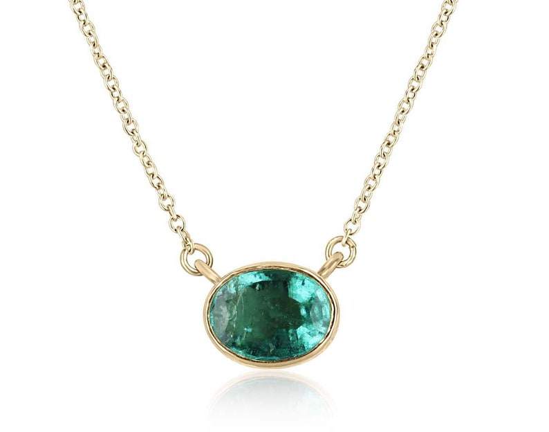 14K Gold Pendant Necklace with 1.30 Carat Oval Cut Medium Green Emerald