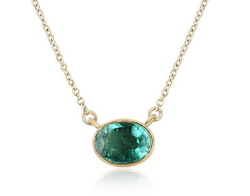 14K Gold Pendant Necklace with 1.30 Carat Oval Cut Medium Green Emerald
