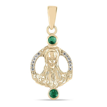 Vivid Medium Green Round Cut Emerald & Diamond Virgin Mary Pendant in 18K Yellow Gold - 0.52 Total Carat Weight