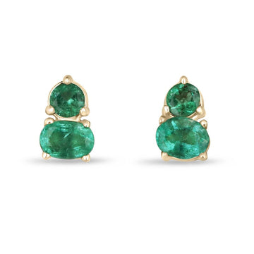 Stunning 0.45 Total Carat Weight 14K Yellow Gold Stud Earrings with Natural Petite Green Oval and Round-Cut Emeralds
