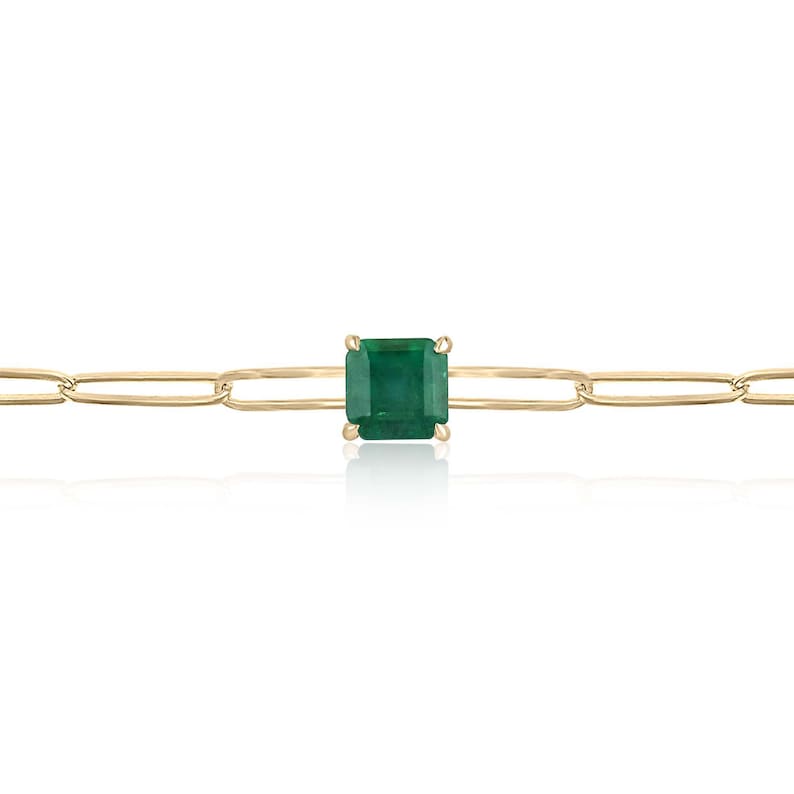 14K Natural Dark Green Emerald Bracelet with 1.80ct Asscher Cut Solitaire