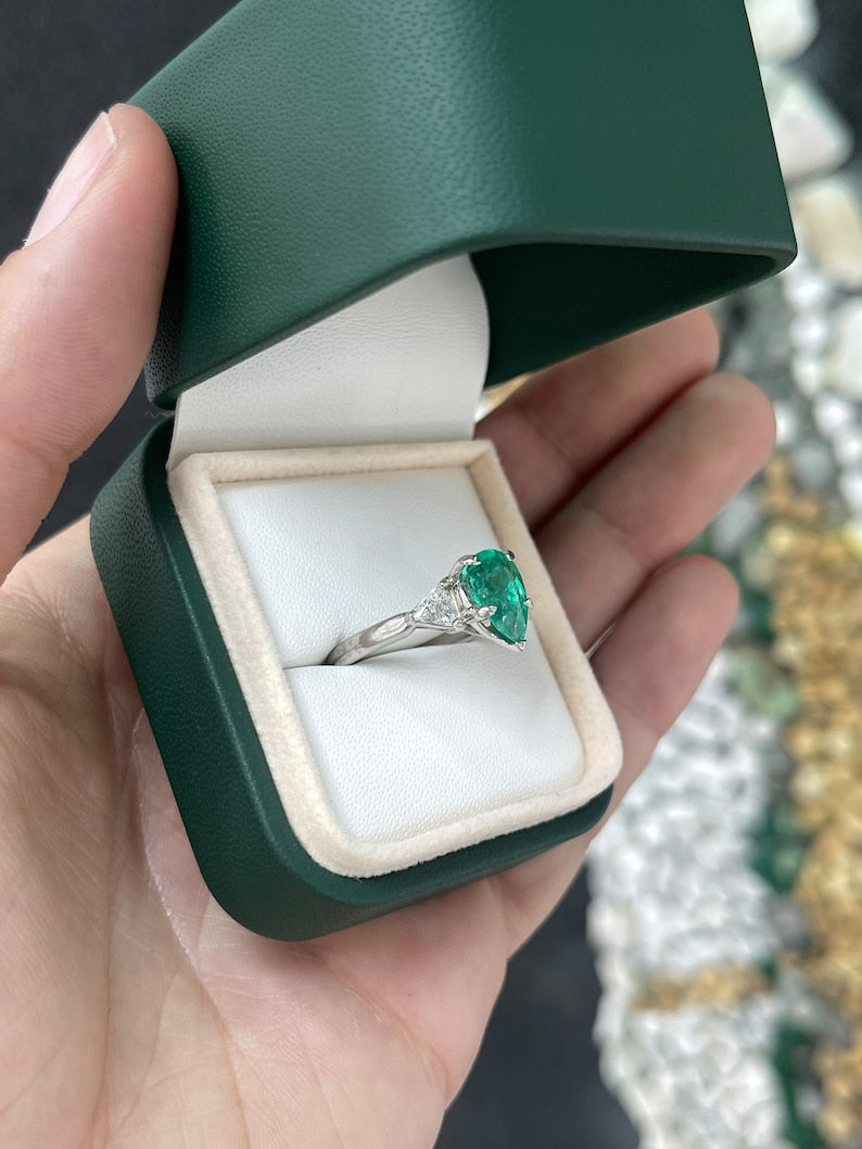 3.79tcw Plat Pear Emerald Cut Diamond 3 Stone 5 Prong Engagement Ring - JR Colombian Emeralds